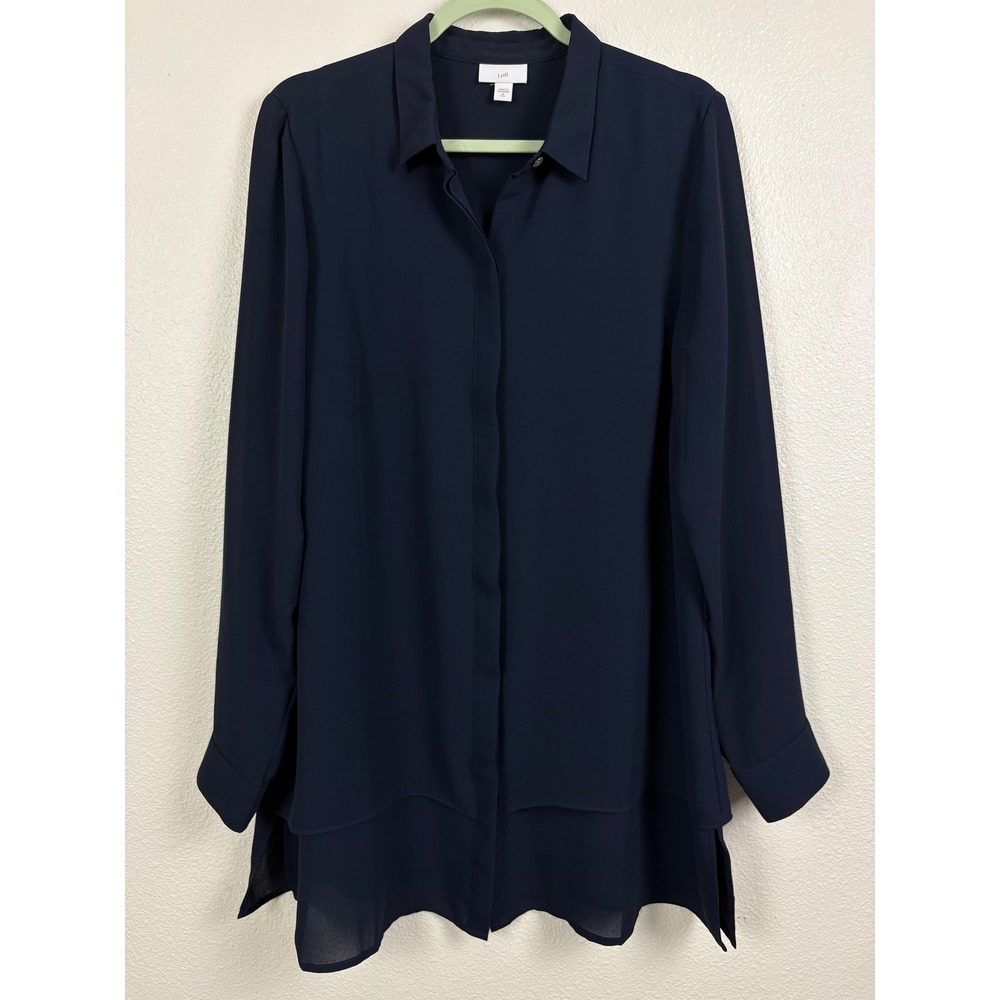 J. Jill Navy Blue Double Layer Long Sleeve Button Front Tunic M Tall Lagenlook
